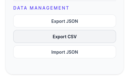 SubsRenewal data management panel with export to JSON, export to CSV, and import JSON