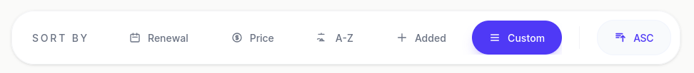 SubsRenewal sort bar with renewal, price, name, added, and custom ordering
