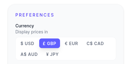 SubsRenewal currency picker with USD, GBP, EUR, CAD, AUD, and JPY