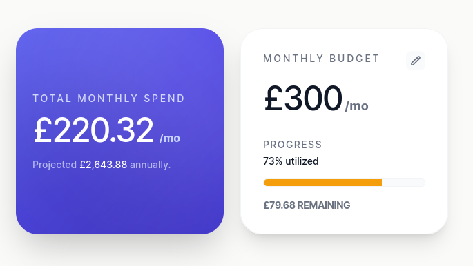 SubsRenewal monthly spend and budget summary
